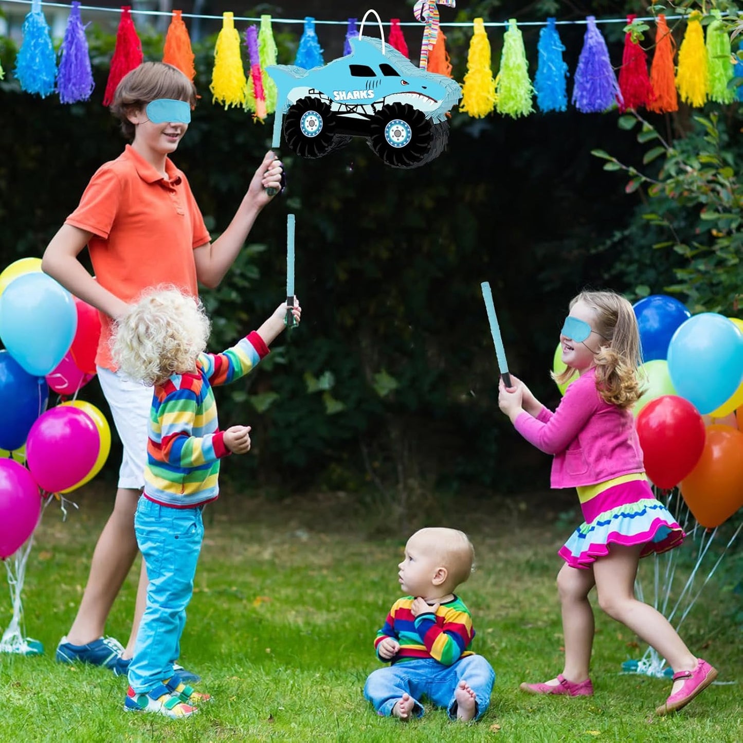 Shark Truck Pinata - Monster Truck Pinata with Blindfold and Bat for Kids Shark Monster Truck Theme Birthday Party Game Decorations (Small Size 16.7”x10.2”x3”)