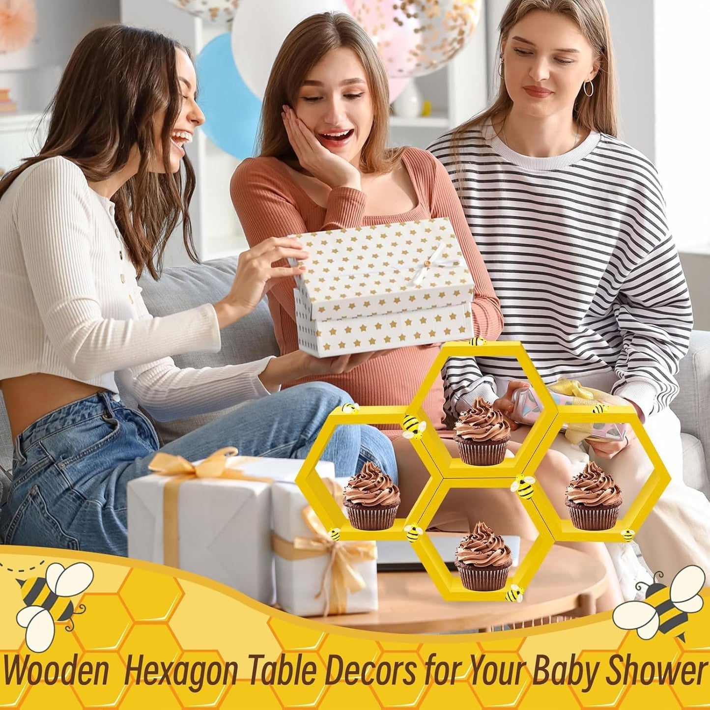 8 Pcs 4.13 Inch Honeycomb Cupcake Stand Cake Farmhouse Hexagon Display Holder Hexagonal Wood Cupcake Stand Floating Table Sign with Wooden Bee for Wedding Baby Shower Birthday Party Table Decorations