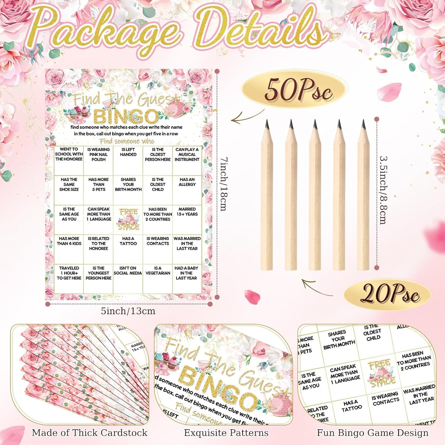 Pasimy 50 Pcs Find the Guest Game Bingo Cards with 20 Pcs Pencils Bridal Shower Wedding Bingo Game Pink Flower Tea Party Activity Favor Supply for Engagement Birthday Baby Shower Bachelorette, 5"x7"