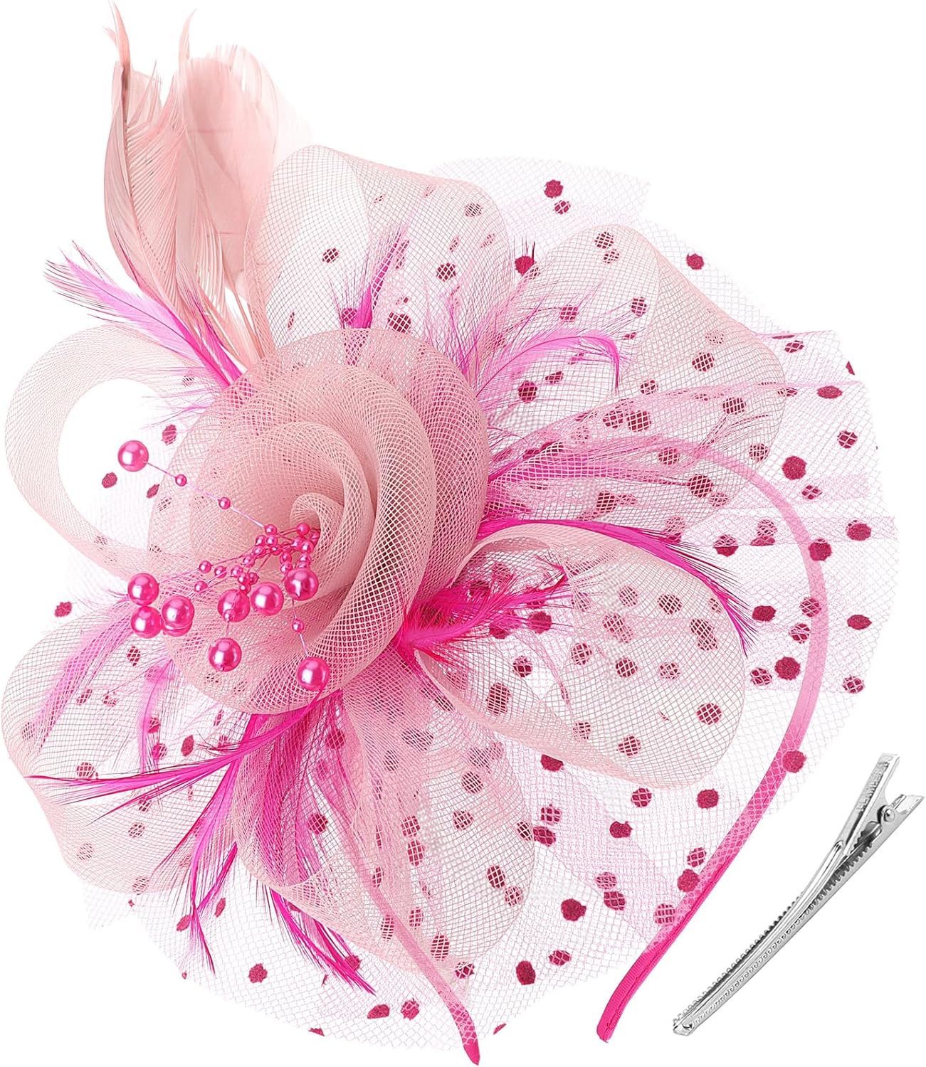 DRESHOW Fascinators Hat Flower Mesh Ribbons Feathers on a Headband and a Clip Tea Party Headwear for Girls and Women - Colors B