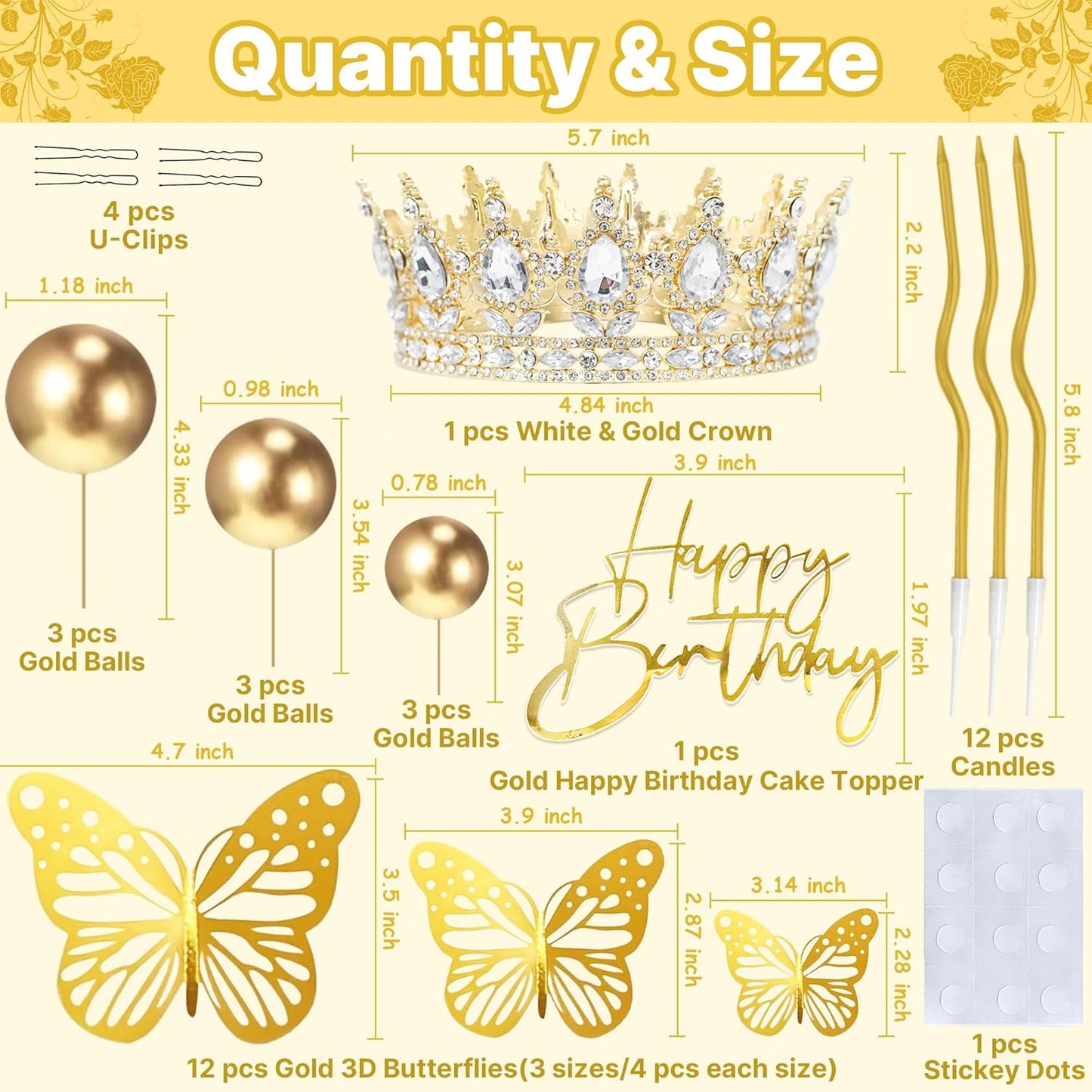Crown Cake Topper, Balls Happy Birthday Cake Topper Pink Crown Birthday Candles Gold Butterflies, Corona Para Pastel, Cake Decorations for Birthday Wedding (Gold, Pink)