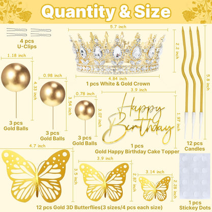 Crown Cake Topper, Balls Happy Birthday Cake Topper Pink Crown Birthday Candles Gold Butterflies, Corona Para Pastel, Cake Decorations for Birthday Wedding (Gold, Pink)