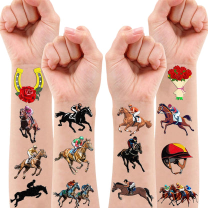 96 PCS Kentucky Derby Pre Cut Temporary Tattoos - Run For The Roses Horse Racing Fake Tattoos for Kids & Adults, Birthday Party Favors, Supplies & Classroom Prizes