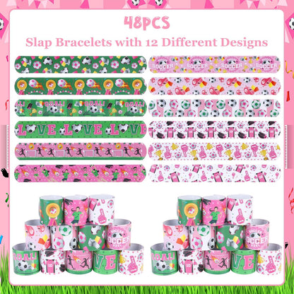 Serencatcher 48PCS Soccer Slap Bracelets Bulk, Soccer Party Favors Pink Soccer Slap Wristbands for Soccer Birthday Party Supplies Gifts Sports Football Themed Party Decorations