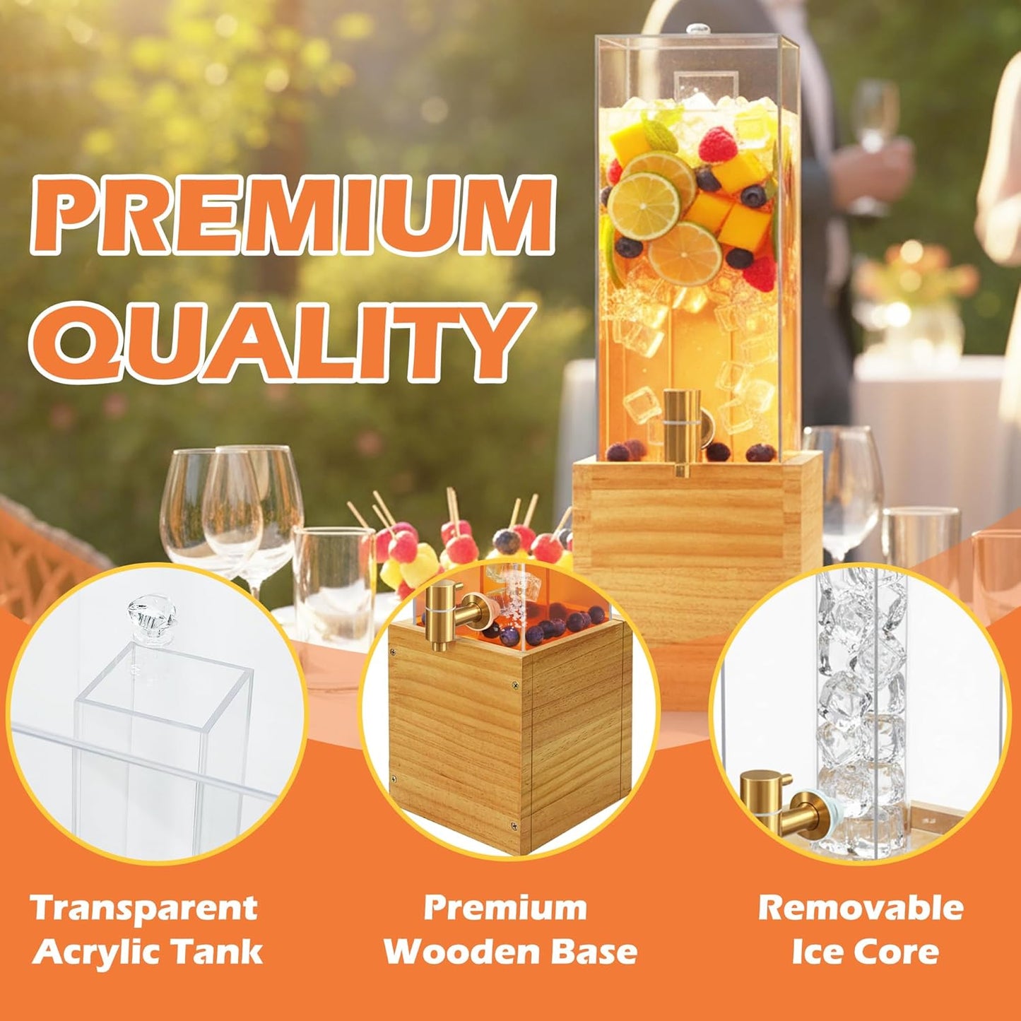 2 Gallon Drink Dispenser for Parties, Beverage Dispenser with Airtight Valve, Large Water Drink Dispenser, Water Dispenser with Wood Stand, Lemonade Dispenser for Water, Juice,Cocktails,Ice Tea