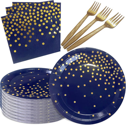 White and Gold Paper Plates Napkins Party Supplies,Disposable Gold Dot Paper Dessert Plates,105 PCS Birthday Plates and Napkins Party Supplies for Wedding(Serves 35 Guests 7")