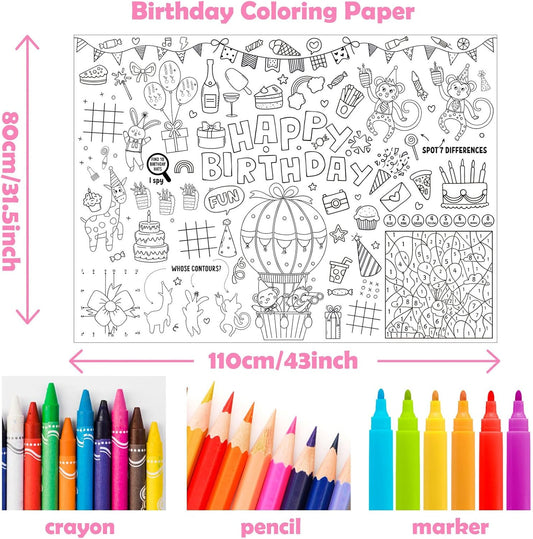 Happy Birthday Coloring Paper Tablecloth Poster 31 * 43" Wall Coloring Tablecloth Animals Drawing Paper Table Cover for Home Birthday Party Kindergarten Classroom Group Activities