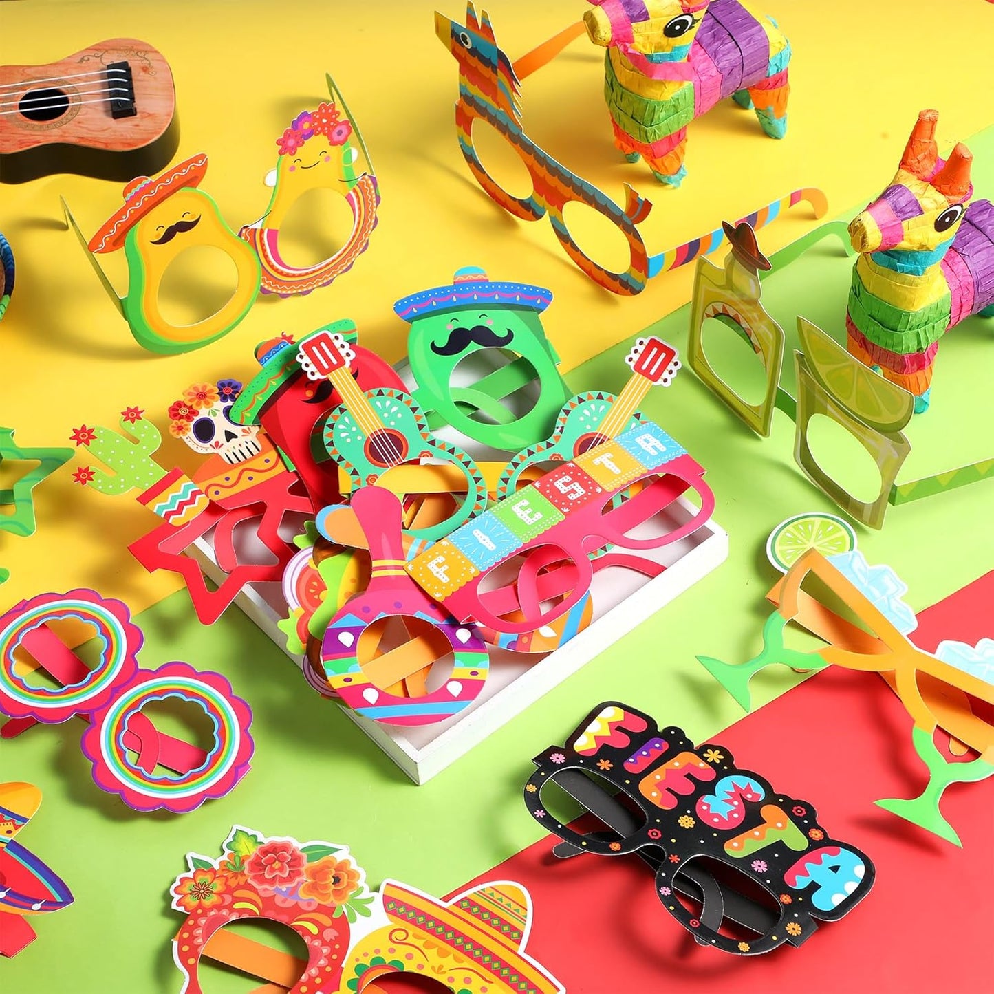 Pasimy Mexican Fiesta Party Decorations 17 Pcs Graduation Photo Booth Prop Kit 16 Fiesta Paper Eyeglasses with 1 Mexican Photo Booth Selfie Frame for Cinco De Mayo Birthday Party Supplies