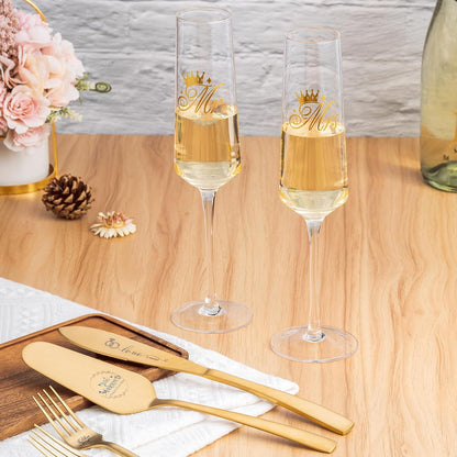 Wedding Cake Knife and Server Set, Bride Groom Mr and Mrs Champagne Flutes Glasses, Cake Cutting Set for Wedding with Forks, Bridal Shower Gifts Wedding Anniversary Engagement Gifts