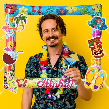 37Pcs Aloha Luau Party Inflatable Selfie Photo Frame & Photo Booth Props Set Hawaiian Party Selfie Props for Pictures and Decorations Summer Tropical Flamingo Tiki Birthday Party Supplies