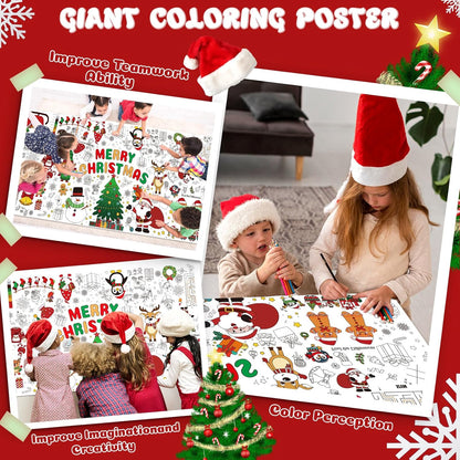 Christmas Coloring Tablecloth for Kids, 71 x 31 Large Inch Xmas Coloring Poster Table Cover, Holiday Doodle Crafts for Classroom, Family Party, Christmas Games and Activities Supplies