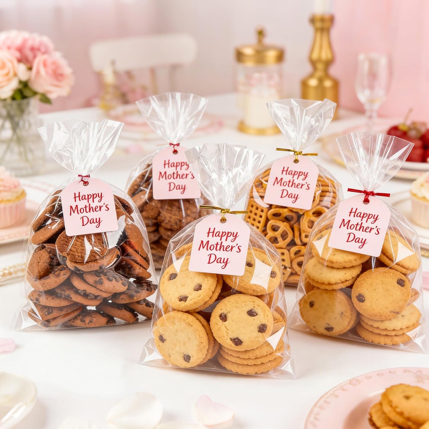 LOKQING Clear Cellophane Treat Bags 6 x 10 in, 100 Pack Mothers Day Gift Bags with Twist Ties, Bags for Cookies, Candy, Party Favors, Bakery Packaging and Small Gifts
