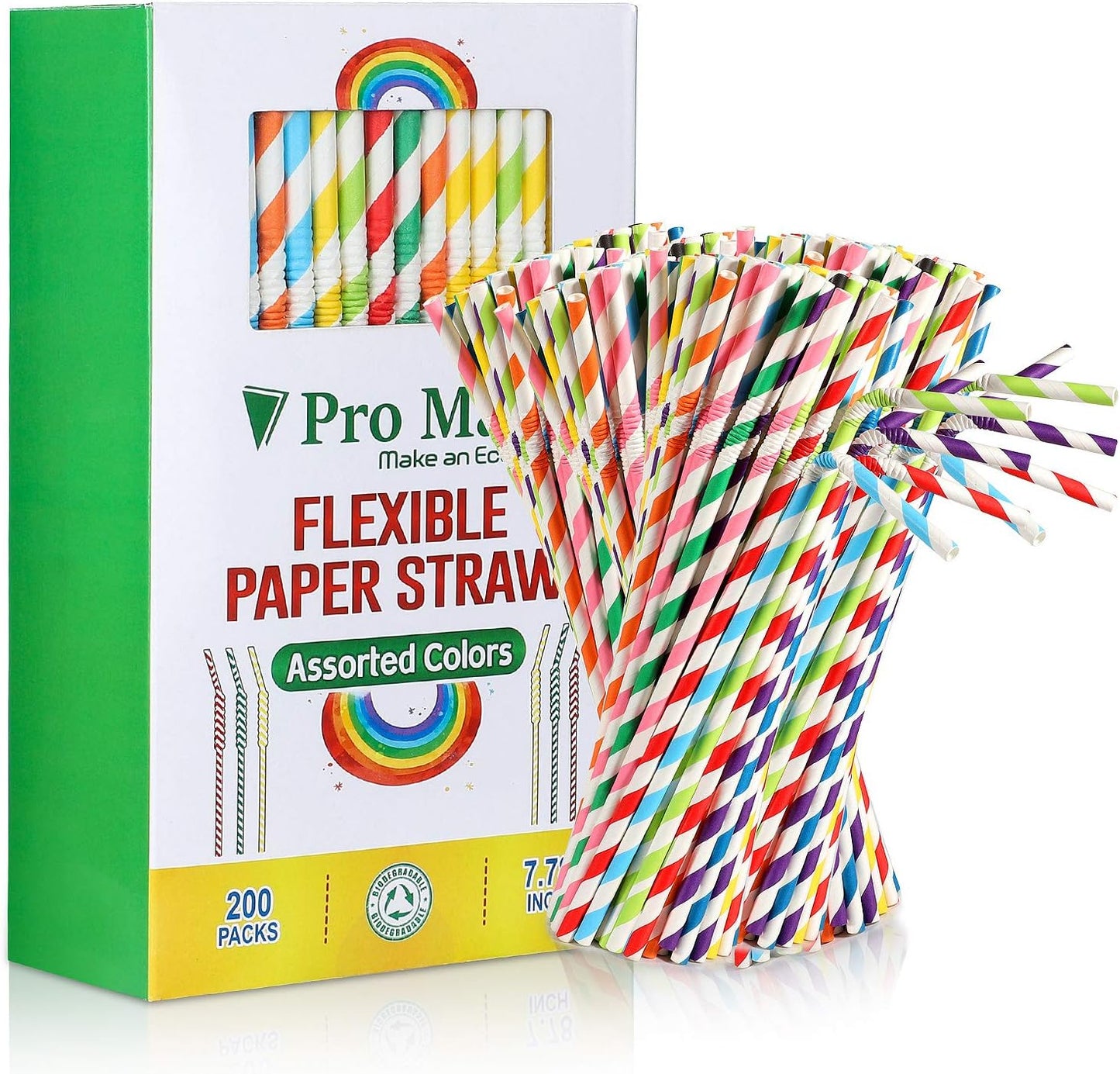 Pro Mael Paper Drinking Straws, Flexible Straws for Juices, Shakes, Smoothies, Disposable Straw for Birthdays, Weddings & Party (200 Pack, 5 Colors)