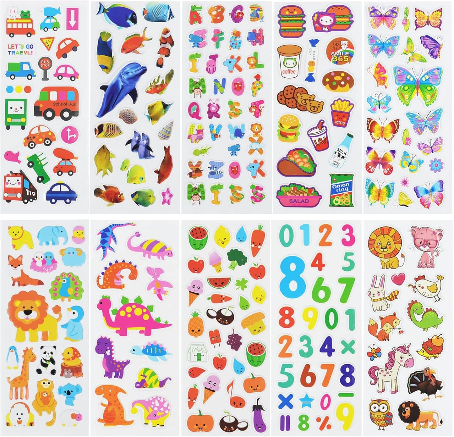 24 Sheets(500+) 3D Puffy Stickers for Toddlers Kids, Bulk Preschool Sticker Sheets for Reward, Craft, Scrapbooking Including Animal, Fruits, Dinosaurs, Fish and More