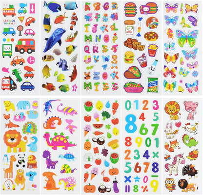24 Sheets(500+) 3D Puffy Stickers for Toddlers Kids, Bulk Preschool Sticker Sheets for Reward, Craft, Scrapbooking Including Animal, Fruits, Dinosaurs, Fish and More