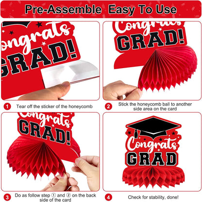8 Pieces Class of 2026 Graduation Table Decorations - 2026 Congrats Grad Honeycomb Centerpieces, Red Black Graduation Table Toppers Decor for 2026 Graduation Party Decorations Favor Supplies