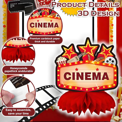 9Pcs Movie Night Party Honeycomb Centerpieces Decorations, 3D Movie Theme Birthday Table Topper, Hollywood Party Decor
