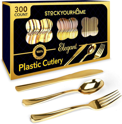 Gold Plastic Silverware Set (160 Bulk Pack) Disposable Cutlery Utensils, 80 Gold Forks, 40 Gold Knives, 40 Gold Spoons, Heavy Duty Flatware For Holidays, Parties, Dinners, Weddings, and Occasions