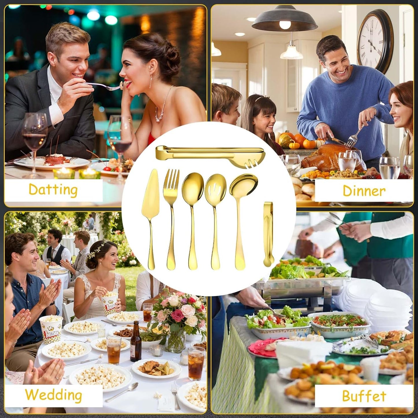12 Pcs Gold Serving Utensils Set Include Stainless Steel Large Serving Spoons Slotted Spoons Forks Soup Ladle Pie Server - Metal Utensils for Parties Buffet Catering, Dishwasher Safe