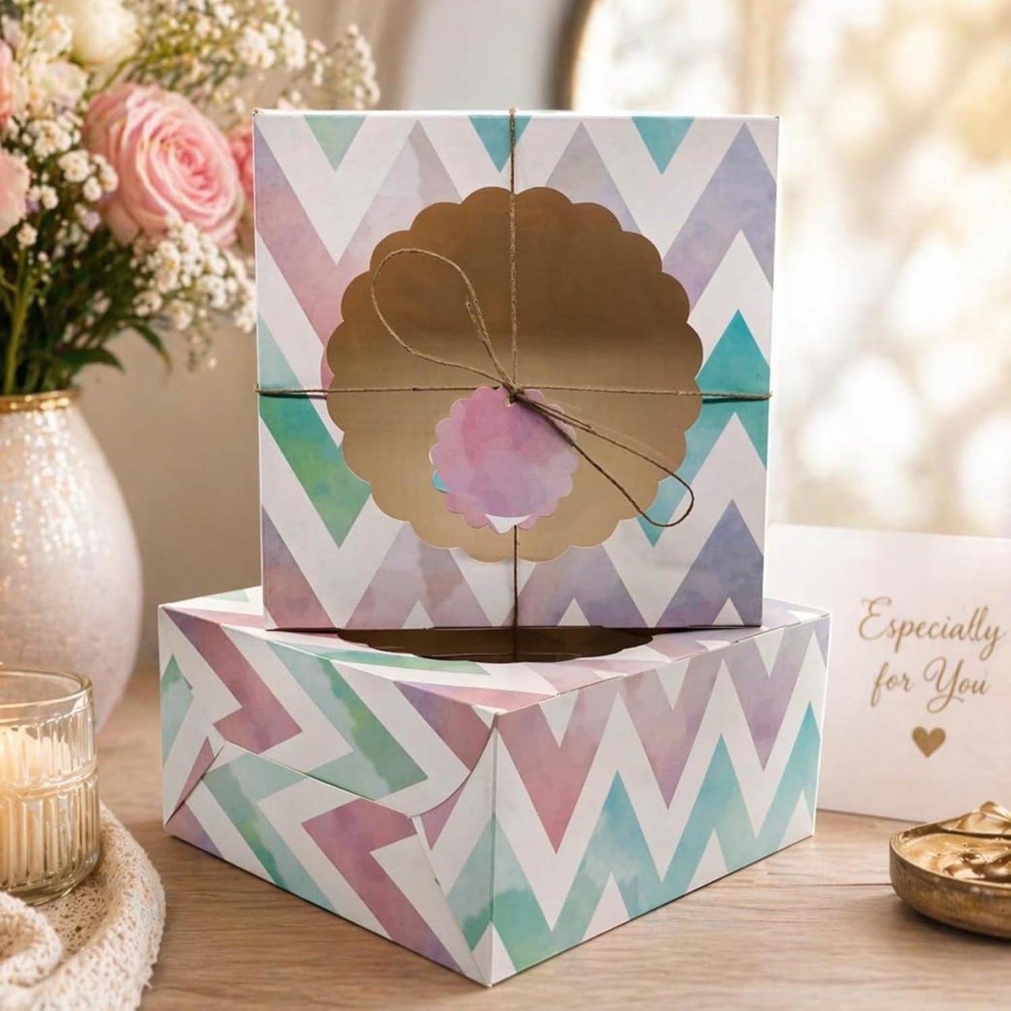 Kraft Cake Boxes with Window (10pcs) - Brown Bakery Boxes for Cakes, Donuts, Pie, Cookies, Cupcakes, Chocolates, Desserts: Size 10x10x5 Inches