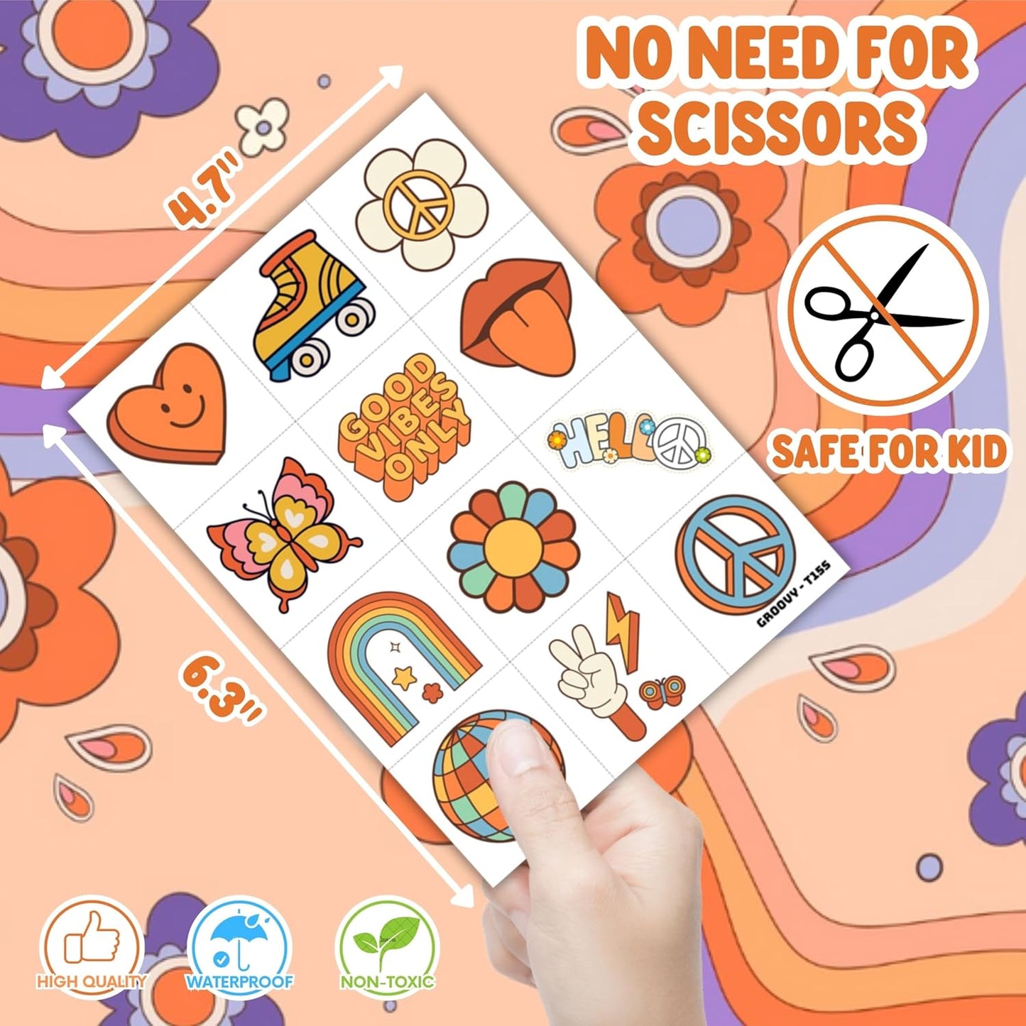 60PCS Groovy Temporary Tattoos for Kids | Pre-Cut Cute Retro Hippie Fake Tattoos, Birthday Party Favors, Classroom Rewards, Party Supplies for Boys & Girls