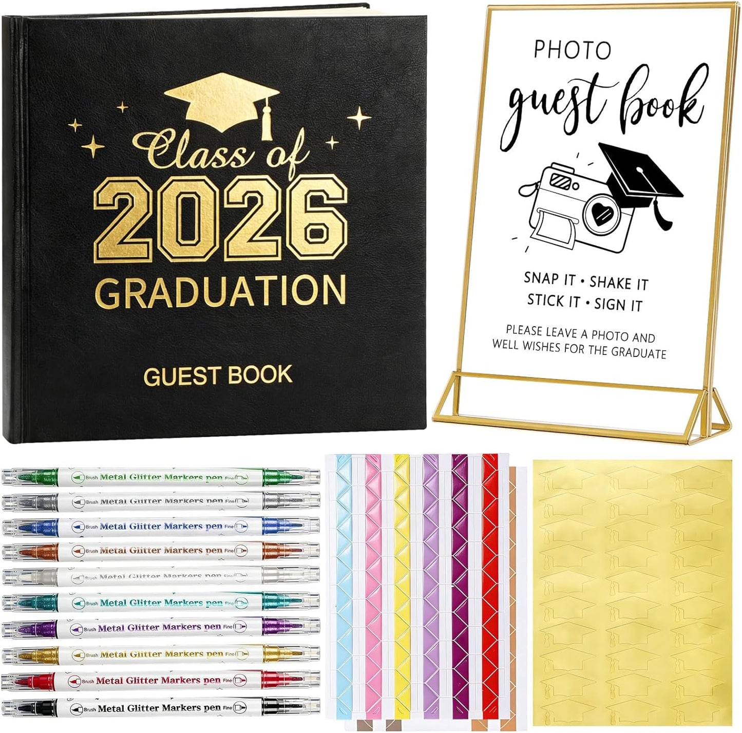 Pajean Graduation Guest Book Set Class of 2026 Memory Scrapbook with Photo Guest Book Sign Dual Tip Pens Photo Corner Stickers Grad Cap Stickers for Grad Party Decorations Supplies Gifts (Black)