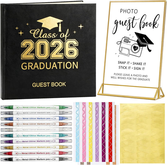 Pajean Graduation Guest Book Set Class of 2026 Memory Scrapbook with Photo Guest Book Sign Dual Tip Pens Photo Corner Stickers Grad Cap Stickers for Grad Party Decorations Supplies Gifts (Black)