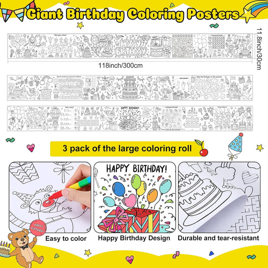 Janlaugh 3 Pack Summer Coloring Game Poster for Kids 118x11.8 Inch Fun Game Drawing Paper Roll Giant Coloring Posters Jumbo Summer Decoration for Classroom Activities Party Supplies