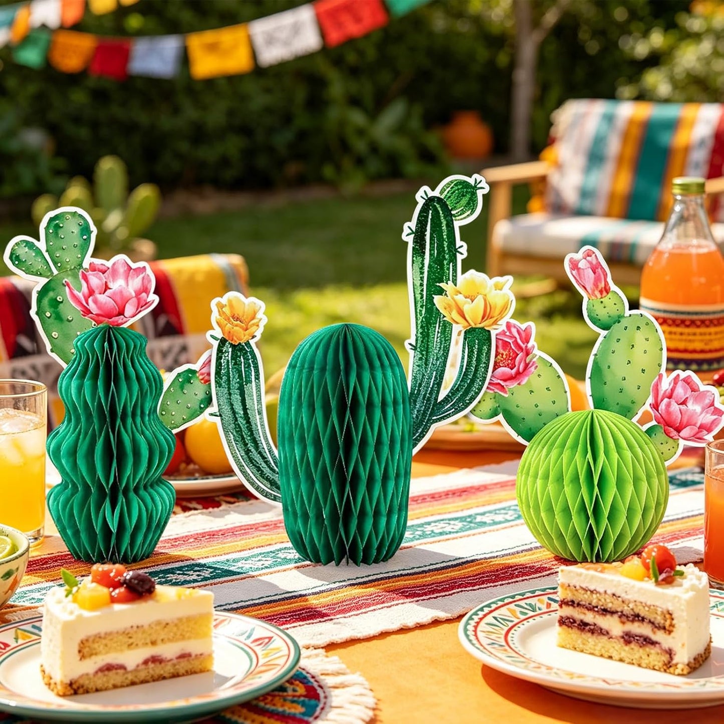 Whaline 6Pcs Cactus Honeycomb Table Centerpieces Pink Yellow Blooming Cactus Decorations for Hawaiian Luau Mexican Fiesta Cinco De Mayo Birthday Baby Shower Party Supplies, 3 Designs