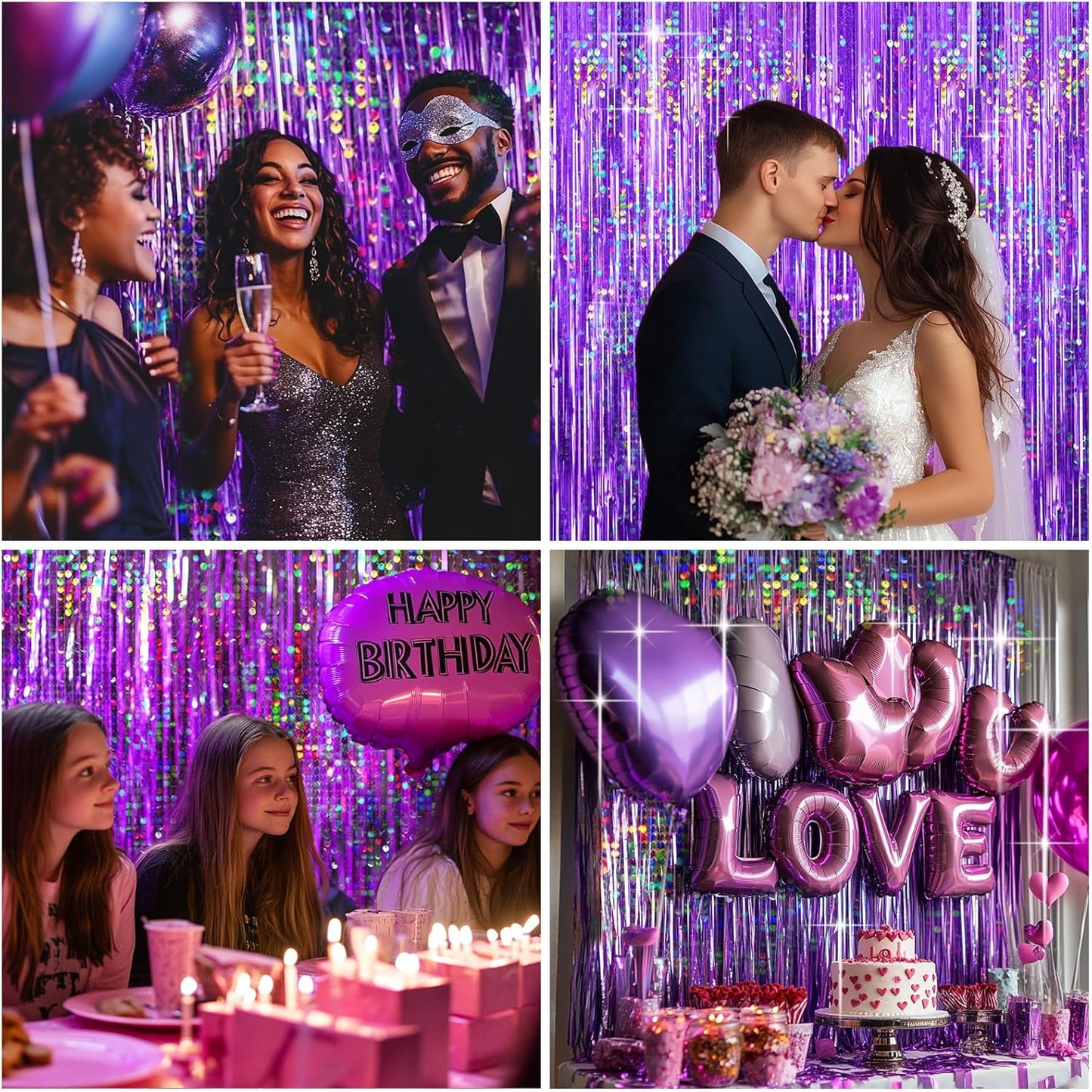4 Packs Silver Foil Fringe Curtain, Silver Glitter Metallic Tinsel Backdrop for Birthday, Wedding, Baby Shower, Bachelorette, 70s 80s 90s Theme Disco Party, Iridescent Party Decorations Supplies