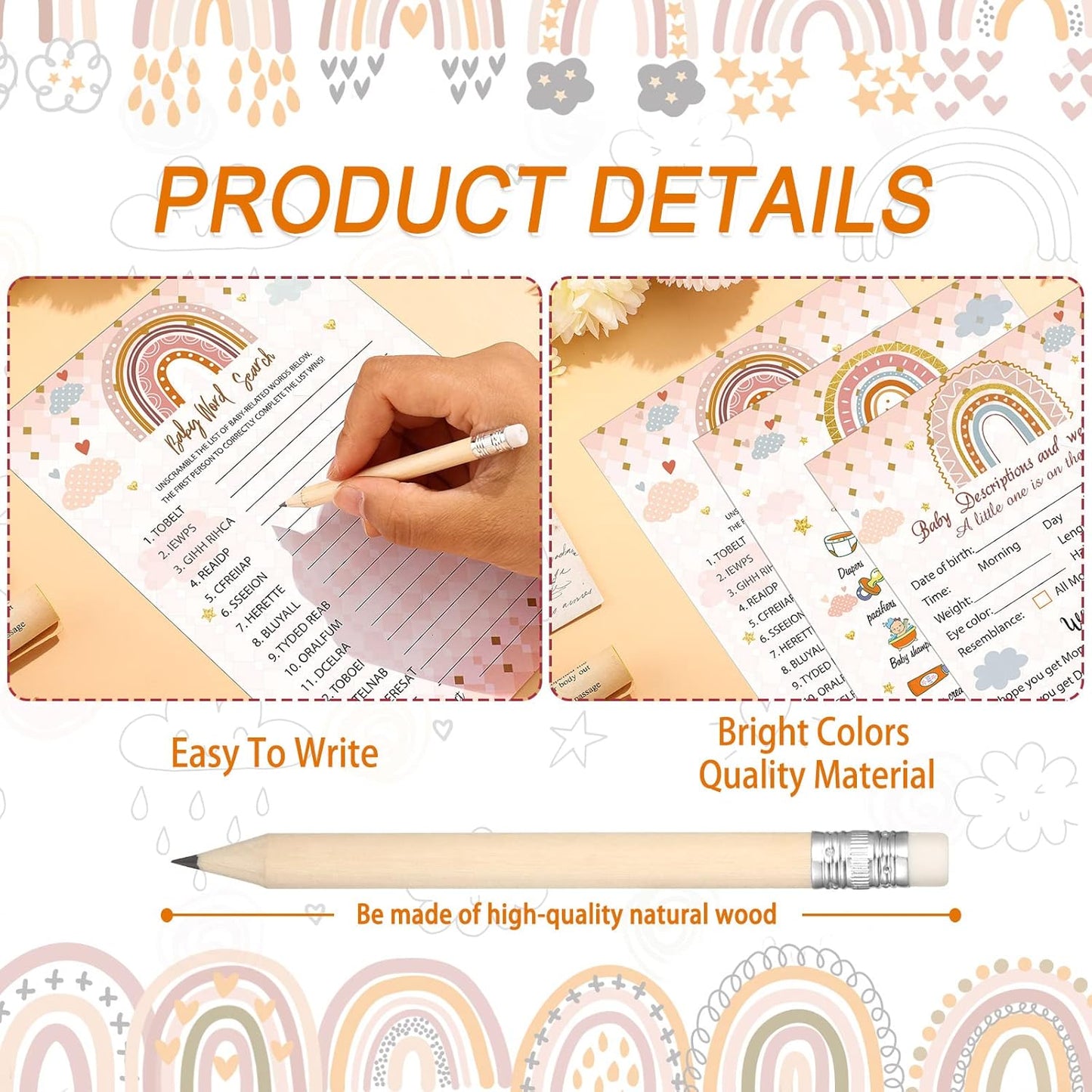 Yinder 145 Pcs Baby Shower Games Activities Cards with 20 Pencils Includes Baby Bingo Description and Wishes Guess Who Price is Right Word Scramble Game(Here Comes the Son)