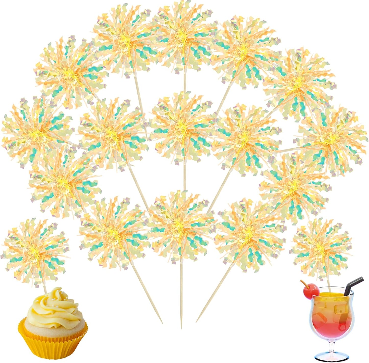 Ephlyn 30Pcs Foil Firework Cupcake Toppers Sparkle Tinsel Cupcake Picks Drink Stirrers Cocktail Food Fruit Toothpicks for Baby Shower Graduation Party Supplies White