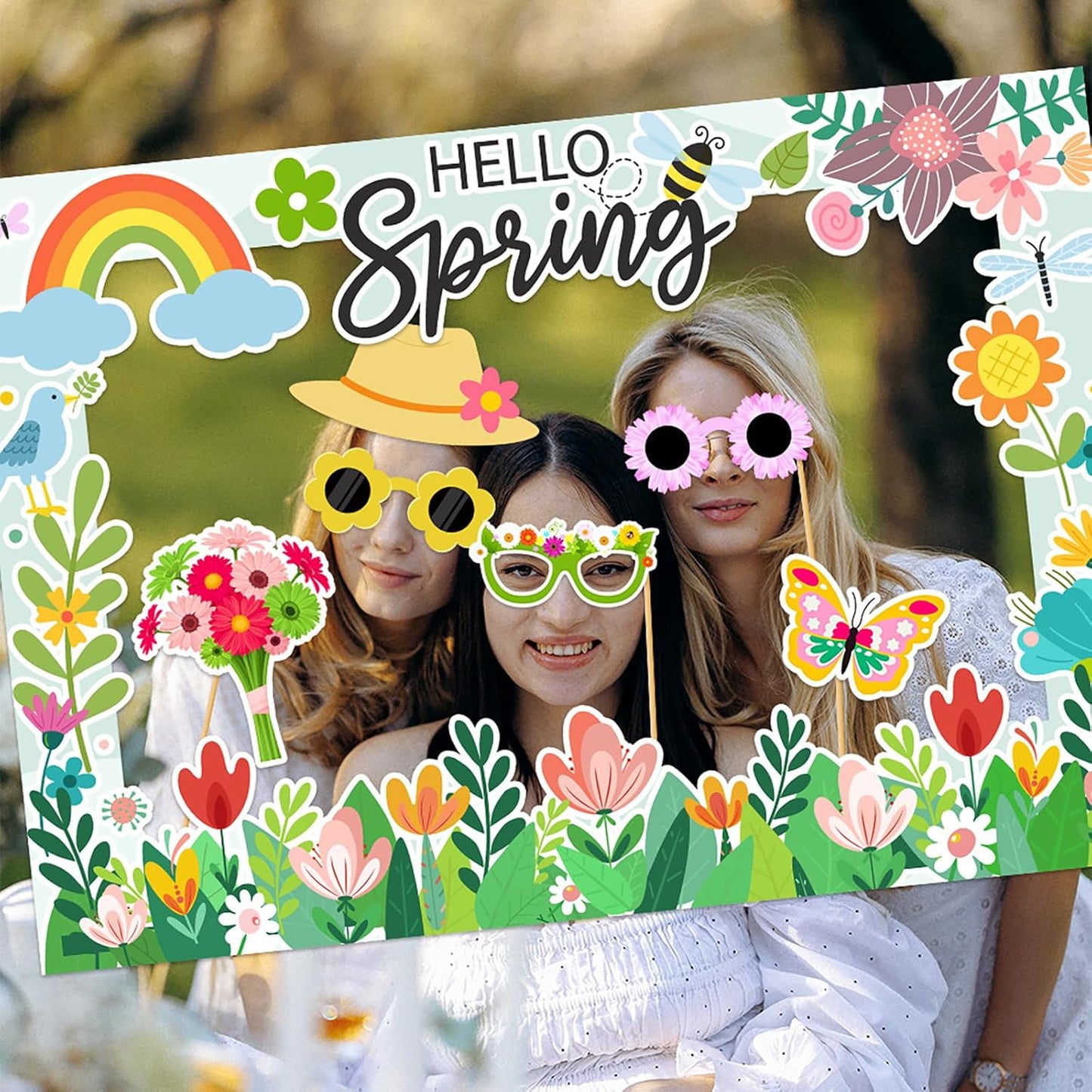 Hello Spring Party Photo Booth Props with Paper Frame - 26PCS Hello Spring Flower Theme Selfie Props Party Decoration Supplies