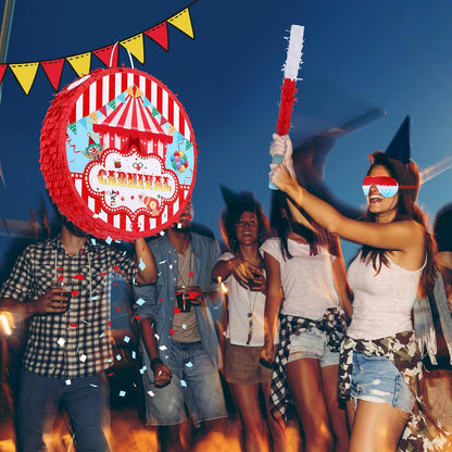 Deekin Large Carnival Piñata Stick with Blindfold Confetti Set Circus Tent Piñata for Birthday Carnival Theme Party Decorations Gaming Holiday Celebration Game Supply