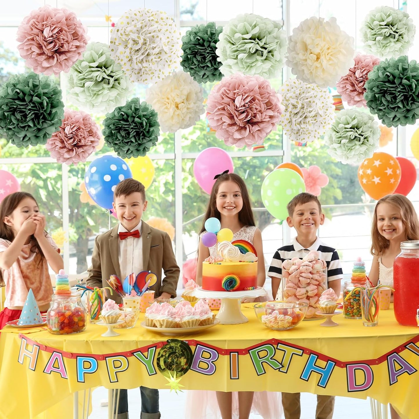 BestoFun 16 PCS Sage Green Party Decorations Tissue Paper Flowers Christmas Party Decors Hanging Pom Poms Decorations for Xmas New Year Winter Holiday Decorations