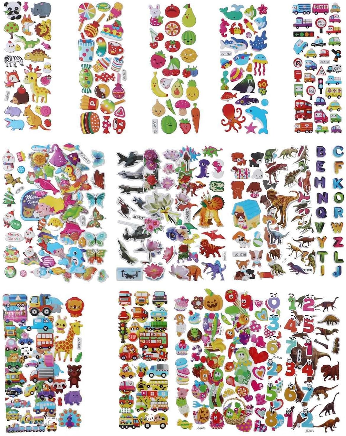 24 Sheets 3D Puffy Stickers for Kids Toddlers Bulk, Small Children Party Bag Sticker Variety Pack for Preschool Teacher, Boy Girl Rewards Crafts Scrapbooking Gifts (Dinosaur Animal Car Flower Heart)