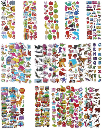 24 Sheets 3D Puffy Stickers for Kids Toddlers Bulk, Small Children Party Bag Sticker Variety Pack for Preschool Teacher, Boy Girl Rewards Crafts Scrapbooking Gifts (Dinosaur Animal Car Flower Heart)