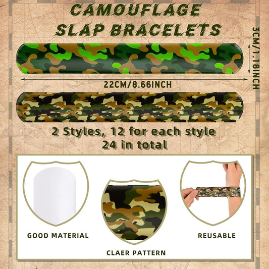 Hungdao 24 Pcs Camo Slap Bracelets for Kids Assorted Army Slap Bracelets Green Camouflage Military Wristbands for Kids Adult Army Party Birthday Favors Decorations Supplies