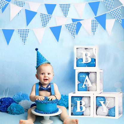 32Ft Dusty Blue Party Decorations Retro Blue Gingham Triangle Banner Flag Pennant Fabric Garland Streamers for Nautical Wedding Birthday Ahoy Achor Bridal Baby Shower Under The Sea Decor Supplies