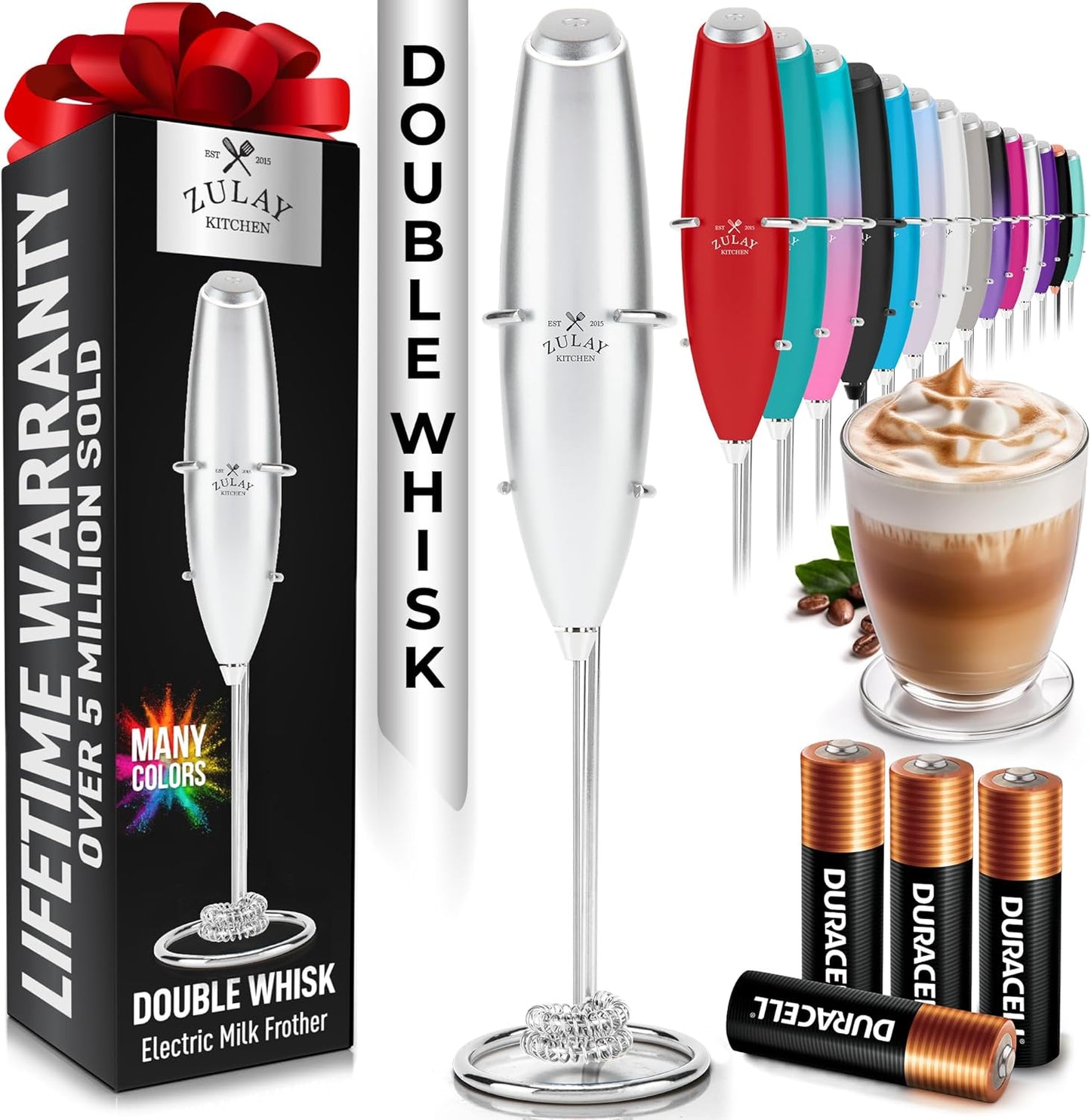 Zulay Kitchen Powerful Milk Frother Wand With Duracell Batteries - Ultra Fast Handheld Drink Mixer - Electric Whisk Foam Maker for Coffee, Lattes, Cappuccino & Matcha - Z1 Motor - Black - Colors A