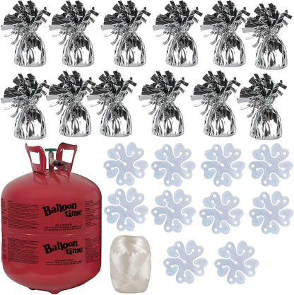 Helium Tank for Balloons At Home, 50 Balloons and White Ribbon, 12 Black Balloon Weights, Plus Balloon Tying Tool