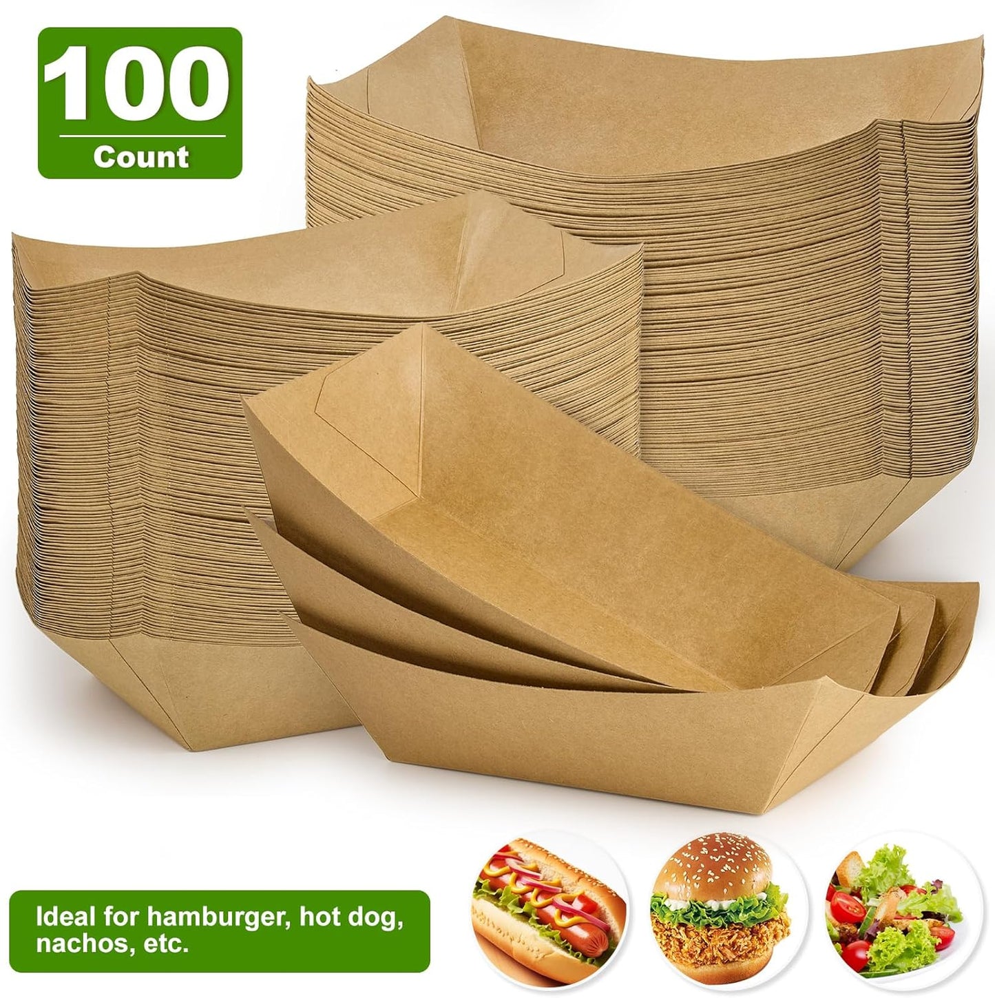 Ocmoiy 1lb Paper Food Trays, 100 Pack Heavy Duty Kraft Food Boats Holders Disposable Serving Basket Trays for Nachos, Fries, BBQ, Festivals, Party