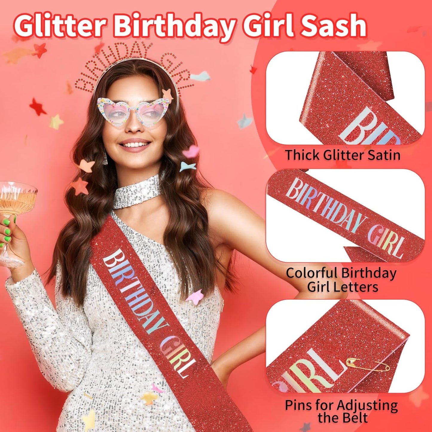 3Pcs Birthday Girl Sash Headband Set-Birthday Sash Tiara and Crown Sunglasses for Girls Women
