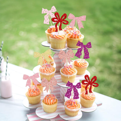 Ephlyn 24Pcs Pink Bow Cupcake Toppers Bow Birthday Cake Topper Girls Birthday Party Decorations Bowknot Cupcake Decorations for Bridal Wedding Themed Party Multi