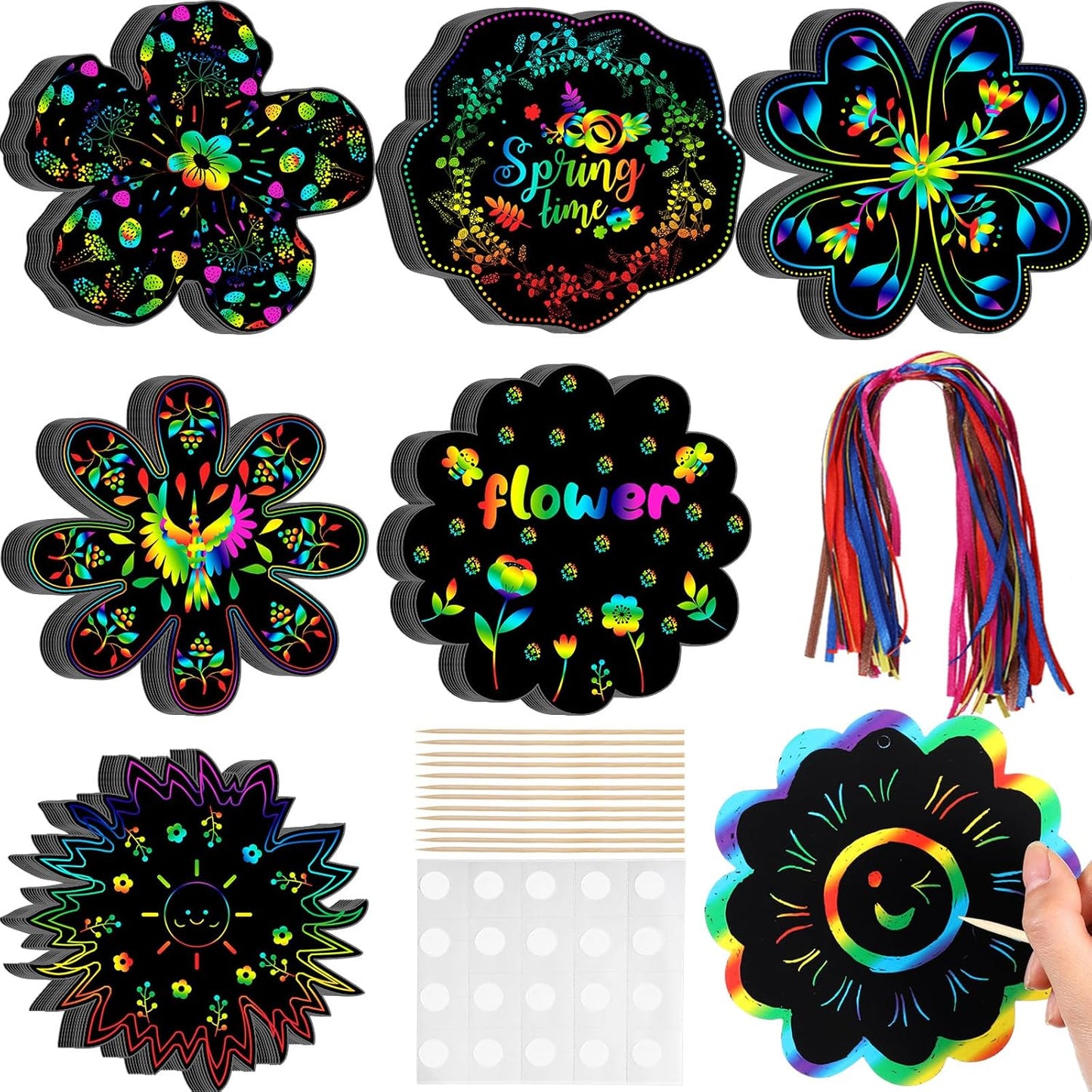 Hungdao 60 Pcs Flowers Scratch Cards Summer Scratch Paper for Kids Crafts with Bamboo Stylus and Ribbon for Home Classroom School DIY (Flower)
