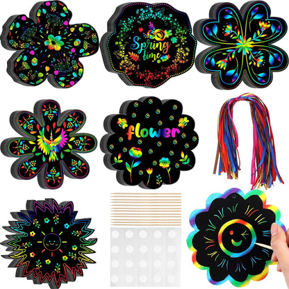 Hungdao 60 Pcs Flowers Scratch Cards Summer Scratch Paper for Kids Crafts with Bamboo Stylus and Ribbon for Home Classroom School DIY (Flower)