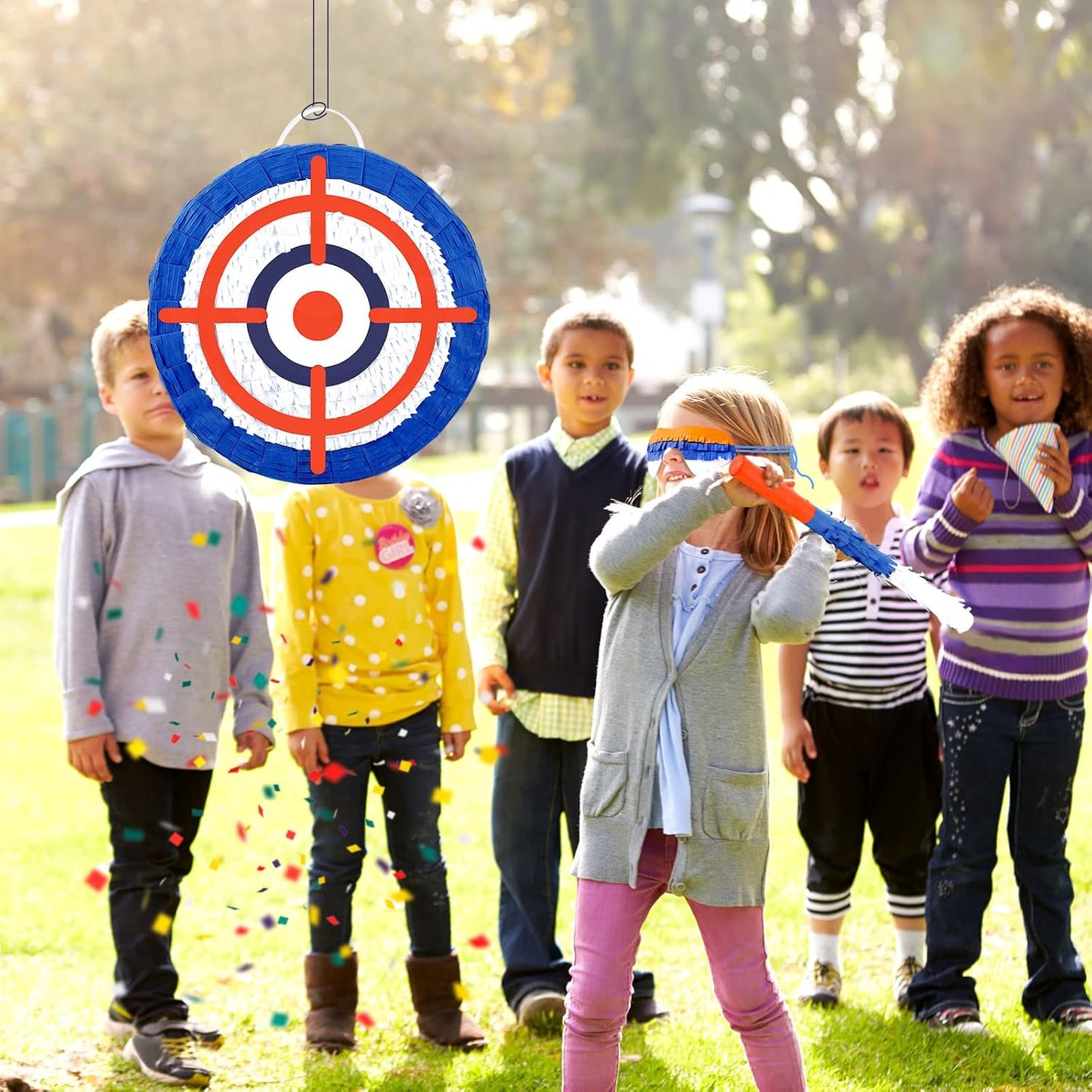 Deekin 3 Pcs Dart Piñata Set Include Large Dart Gun Shooting Target Piñata with Stick Eye Mask for Kids Birthday Party Game Favors Supplies 12.8x12.8 Inch