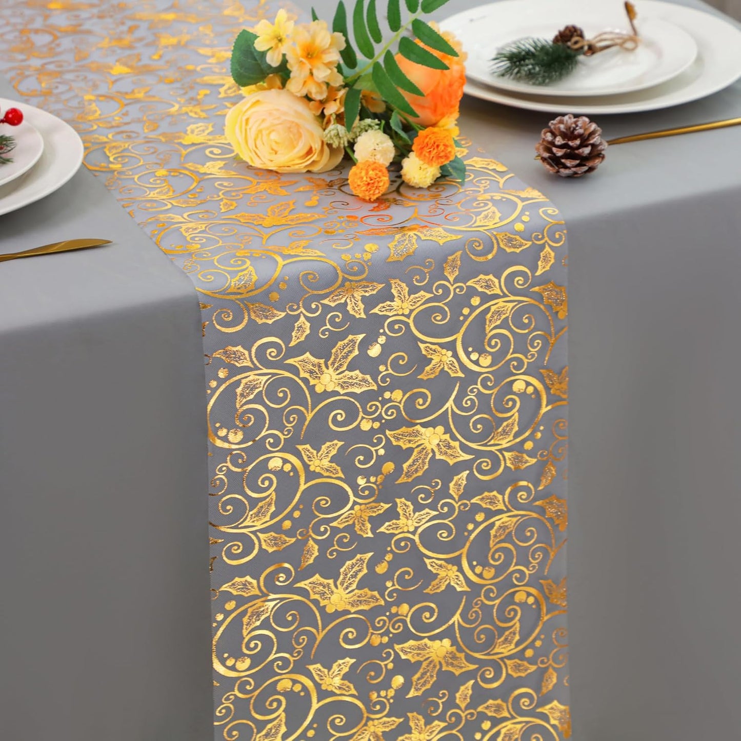 Snowkingdom 2 Pieces Gold Table Runner, Sequin Glitter Foil Metallic Thin Mesh Runner Roll 11"x108", Gold Table Decorations for Event Party, Wedding, Birthday Party, Christmas