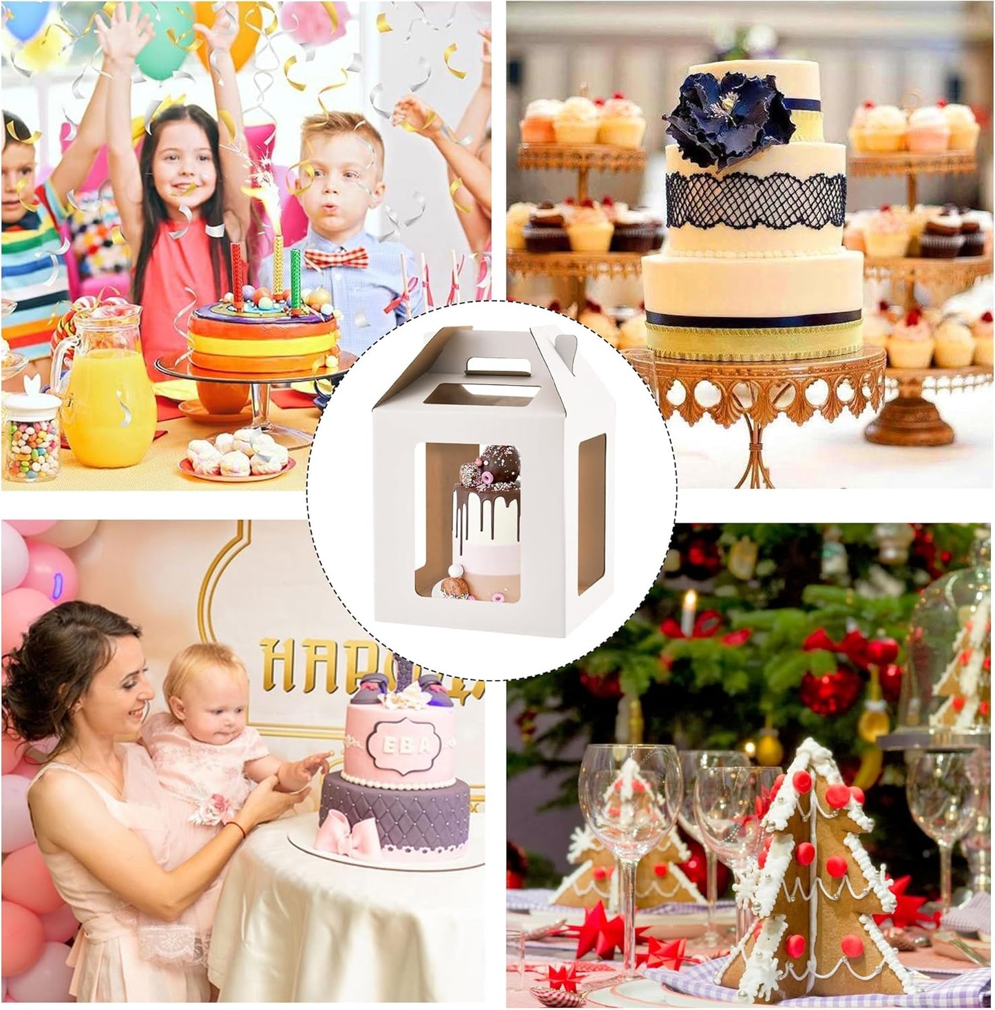 Cake Box with Windows and Handle, 10x10x10 inches, Tall Cake Carrier for Tiered Cakes, White