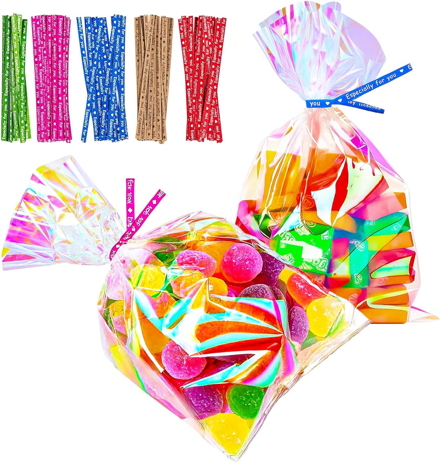 5x7 Inch Iridescent Cellophane Treat Bags with Twist Ties, Treat Bags for Candy Cookie Goodie Chocolates, And Popcorn